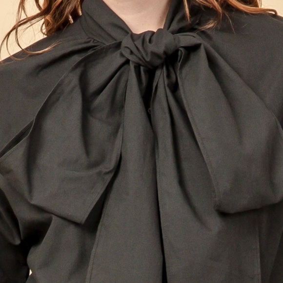 Puffed Sleeve Bow Tie Button Down Blouse - Picture 2 of 5